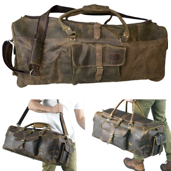Large Buffalo Leather Distressed Duffel Travel Bag 27"